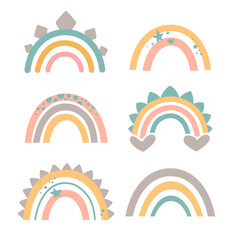 Fototapeta premium Lovely rainbows in delicate pastel colors. Dinosaur patterns. Boho style, vector set. Pink, green, yellow, gray.
