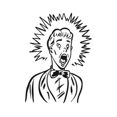 Wow pop art male face. Surprised happy young man in suit, bow tie and glasses with open mouth rises hands screaming announcement. Vector illustration in retro comic style. Party invitation poster.