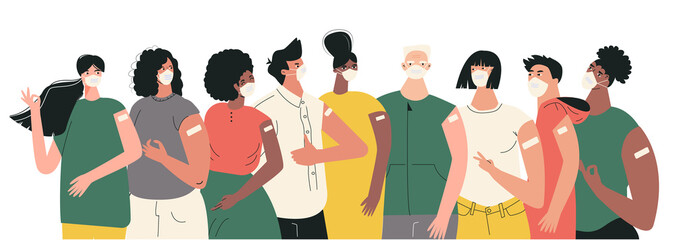 Diverse people after vaccination concept Vaccine injection in arm, shoulder. Set of multiracial character after getting vaccine. Group of humans in face mask. Multicultural team, unity in diversity - obrazy, fototapety, plakaty
