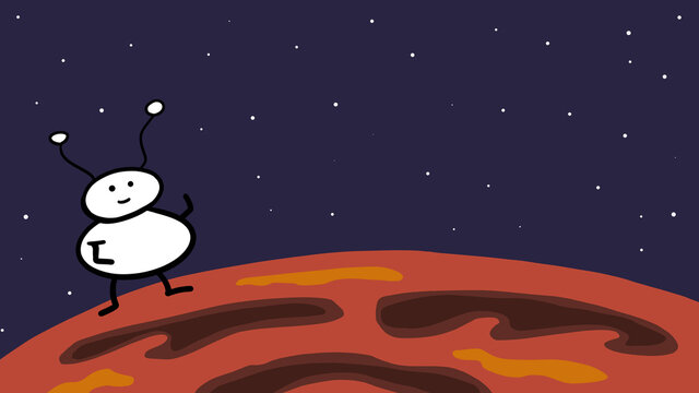 Little Happy Cartoon Martian On The Surface Of Mars