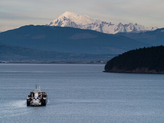 Sunset view of Fidalgo and Padilla bay with Mount Baker at the background from Cap Sante park in Anacortes, WA