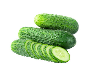 Three fresh gherkin cucumbers isolated on white background.