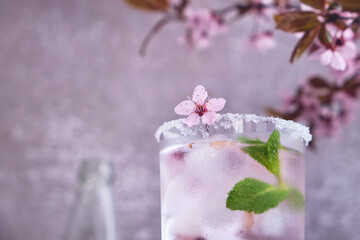 Spring cocktail. Glass of pink rose champagne with ice and mint