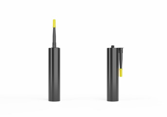 Black silicone container tube with yellow nozzle cap, no label, isolated on white background.
