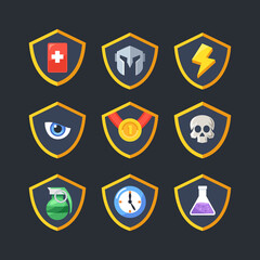 Game icons with yellow shield flat design. Icon set for game vector templates.