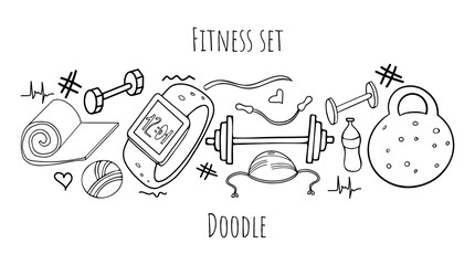 Fitness doodles set. Sketch of sports equipment. Hand drawn vector illustration isolated on white background.