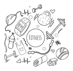 Fitness doodles set. Sketch of sports equipment with a ball, clock, bottle. Hand drawn vector illustration isolated on white background.