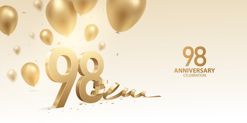 98th Anniversary celebration background. 3D Golden numbers with bent ribbon, confetti and balloons.