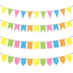 set of colorful flags, garland in pastel colors, vector isolated on white background