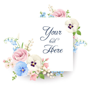 Vector vintage invitation or greeting card with pink, blue and white pansy flowers, lisianthus flowers and forget-me-not flowers.