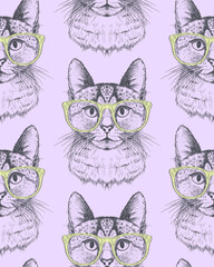 Seamless pattern with cat dressed glasses