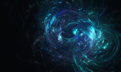 Abstract aqua blue glowing energy discharge, nebula or cluster of stars in deep dark space. Fairy and fantastic 3d digital illustration. Great for design cover, presentation, flyer, poster, card.