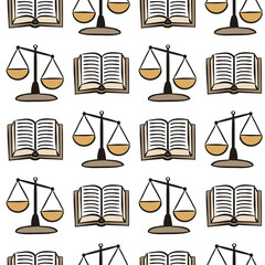 Seamless pattern from open books and scales. Libra and folios on a white background. Vector illustration for legal, lawyer and education projects. - obrazy, fototapety, plakaty