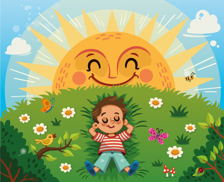 Little boy enjoying the Sun on a grass field. Vector illustration.