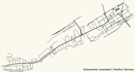 Black simple detailed street roads map on vintage beige background of the neighbourhood Gutleutviertel city district of the Innenstadt I urban district (ortsbezirk) of Frankfurt am Main, Germany