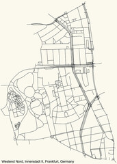 Black simple detailed street roads map on vintage beige background of the neighbourhood Westend-Nord city district of the Innenstadt II urban district (ortsbezirk) of Frankfurt am Main, Germany