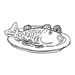 Carp with lemon in outline. Crucian on white plate with lemon and herbs. Food, seafood dish symbol. Fresh fish color sign with red fins game icon, cartoon food or web design, Vector illustration.