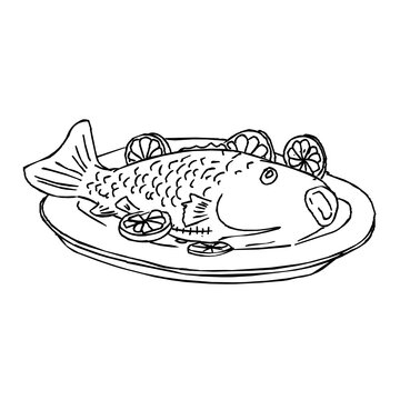 recommend clip art: Carp with lemon in outline. Crucian on white plate with lemon and herbs. Food, seafood dish symbol. Fresh fish color sign with red fins game icon, cartoon food or web design, Vector illustration.