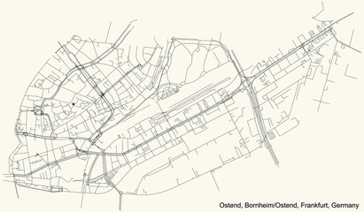 Black simple detailed street roads map on vintage beige background of the neighbourhood Ostend city district of the Bornheim/Ostend urban district (ortsbezirk) of Frankfurt am Main, Germany