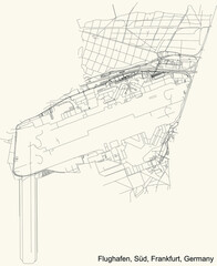 Black simple detailed street roads map on vintage beige background of the neighbourhood Flughafen city district of the Süd urban district (ortsbezirk) of Frankfurt am Main, Germany