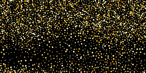 Golden point confetti on a black background.  Illustration of a drop of shiny particles. Decorative element. Element of design. Vector illustration, EPS 10.