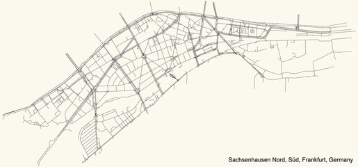 Black simple detailed street roads map on vintage beige background of the neighbourhood Sachsenhausen-Nord city district of the Süd urban district (ortsbezirk) of Frankfurt am Main, Germany