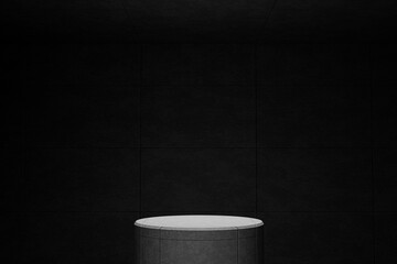 blank cylinder cement podium, stand blank trade show booth for designers. modern loft concrete cement wall and floor room. empty house, space for your text and picture, 3d rendering
