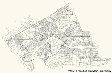 Fototapeta na wymiar Black simple detailed street roads map on vintage beige background of the neighbourhood West district (ortsbezirk) of Frankfurt am Main, Germany