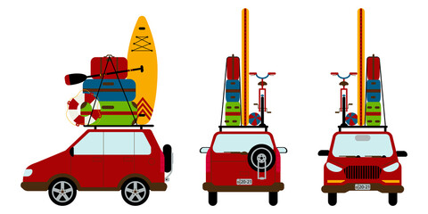 Set of cars in red color isolated on background. Travelling by car. Necessary things for travel. Suitcases, lifebuoy and SUP on the trunk of the car. Family hobby. Flat style Vector Illustration.