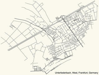 Fototapeta premium Black simple detailed street roads map on vintage beige background of the neighbourhood Unterliederbach city district of the West urban district (ortsbezirk) of Frankfurt am Main, Germany