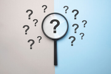 Magnifying glass with question mark symbol. Concept creative idea and innovation