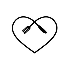 Love food modern style logo design spoon knife and a fork in the shape of a heart.