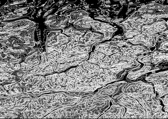 An black and white Topographic map lines 100 m, level curves, contour, terrain path, travel background. Geographic abstract grid. Vector illustration