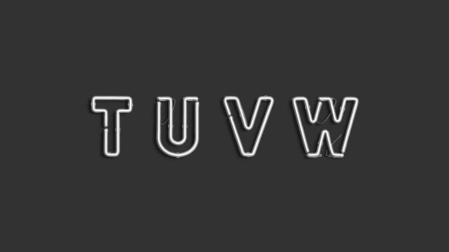 Neon T U V W letters, broken glowing font mockup,