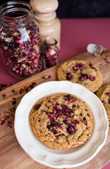 Plate with tahini rose chocolate chip cookie