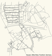 Obraz premium Black simple detailed street roads map on vintage beige background of the neighbourhood Hausen city district of the Mitte-West urban district (ortsbezirk) of Frankfurt am Main, Germany