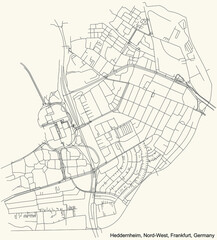 Black simple detailed street roads map on vintage beige background of the neighbourhood Heddernheim city district of the Nord-West urban district (ortsbezirk) of Frankfurt am Main, Germany