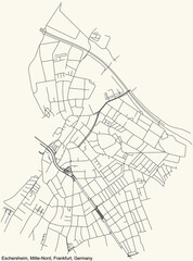 Black simple detailed street roads map on vintage beige background of the neighbourhood Eschersheim city district of the Mitte-Nord urban district (ortsbezirk) of Frankfurt am Main, Germany