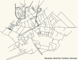 Black simple detailed street roads map on vintage beige background of the neighbourhood Bonames city district of the Nord-Ost urban district (ortsbezirk) of Frankfurt am Main, Germany