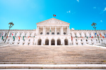 Assembly of the Republic in Lisbon city, Portugal. Front view of Assembleia da Republica or...