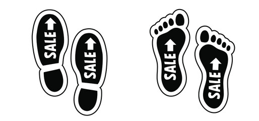 Sale footprint sign. Human footpath walking route, trail to the store. Foot or feet sign. Footsteps silhouette. Vector hiking icon. Big sale, buy now. Shopping concept. Supermarket deal.
