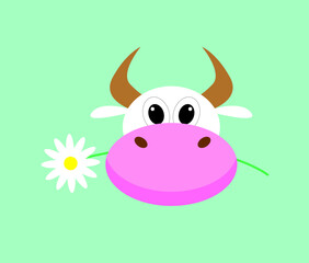 Cute cartoon funny cow with a flower isolated icon. Vector illustration.