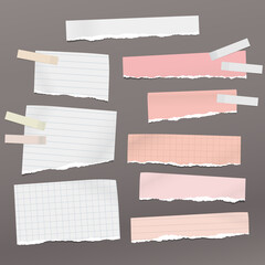 Set of torn pink, white note, notebook paper pieces with sticky tape stuck on dark grey background. Vector illustration