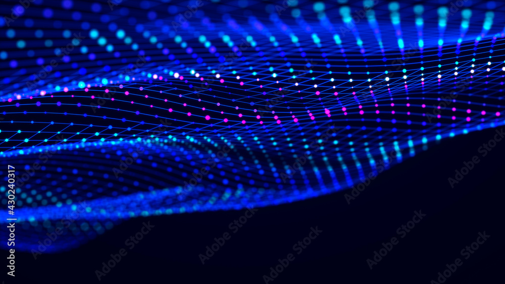 Leinwandbilder Abstract futuristic wave background. Network connection dots and lines. Digital structure. 3d rendering.