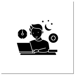 Workaholic glyph icon.Workaholism treatment. Necessary therapy.Man at laptop.Overworking concept.Filled flat sign. Isolated silhouette vector illustration