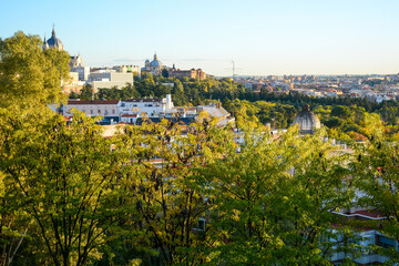 Madrid, Spain - October 25, 2020: Beautiful view near The Temple of Debod (Templo de Debod) and park named Jardines del Templo de Debod