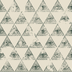 Seamless pattern with All-seeing eye inside triangle pyramid. Geometric vector background with hand-drawn Eye of Providence in grunge style. Ancient mystical sacral symbol Omniscience