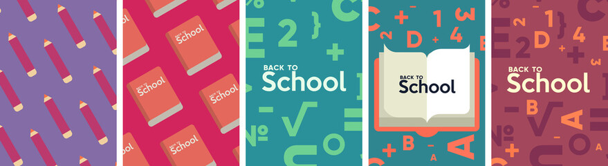 School backgrounds. Set of flat, vector illustrations. Back to School. Elements and objects on school themes, simple background for poster, cover, flyer. © Molibdenis-Studio