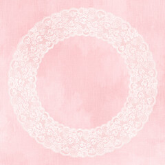 White Lace Frame on Stained Pink Linen Texture