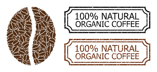 Mosaic coffee bean constructed from coffee beans, and grunge 100 Percents Natural Organic Coffee rectangle seals with notches.